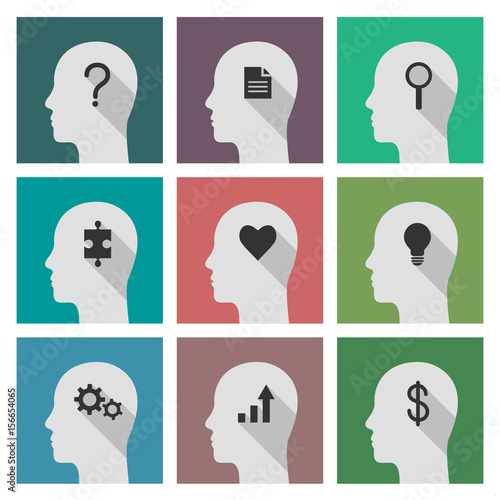 Human head with different icons as thinking concept. Set of flat design illustrations with long shadow.