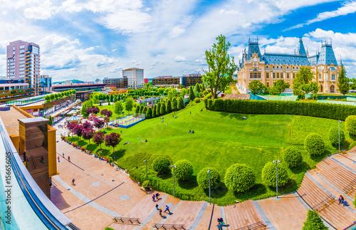 Panoramic view of Cultural Palace and central square in Iasi city, Moldavia Romania. photo