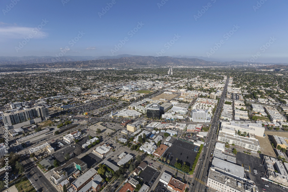 Aerial view of th North Hollywood community in the San Fernando Valley area of Los Angeles, California.
