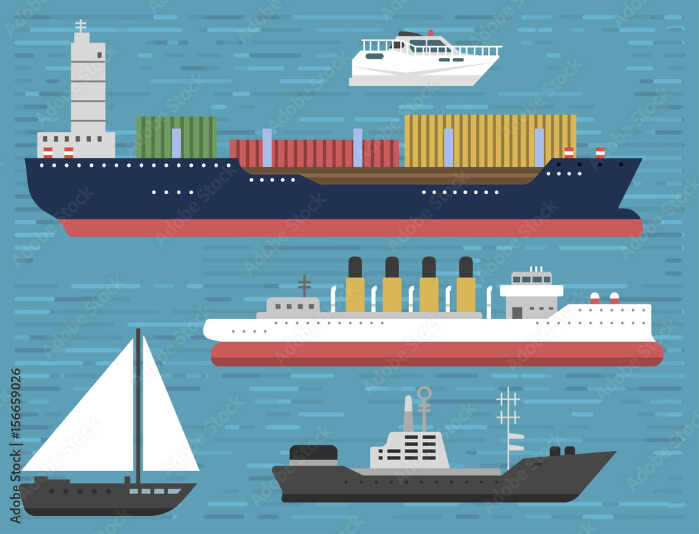 Obraz premium Ship cruiser boat sea symbol vessel travel industry vector sailboats cruise set of marine icon