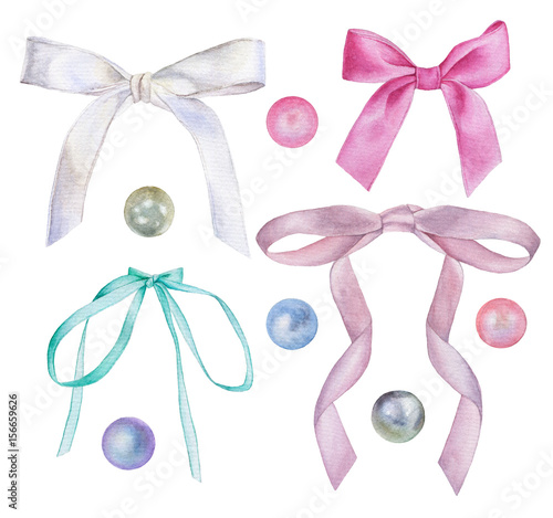 Set of watercolor illustrations of bows of satin ribbons and pearl beads of different colors