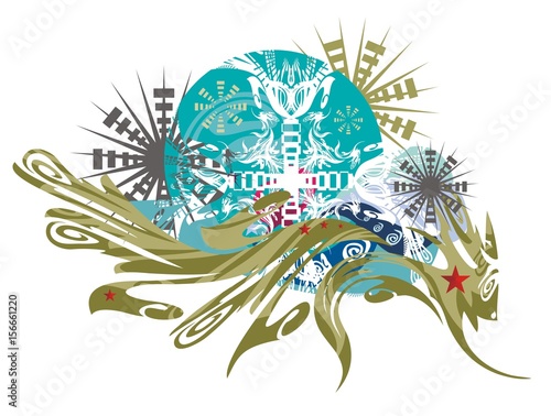 Abstract imaginary animal against blue cutting background. Imaginary twirled animal against grunge backdrop with ornate asterisks