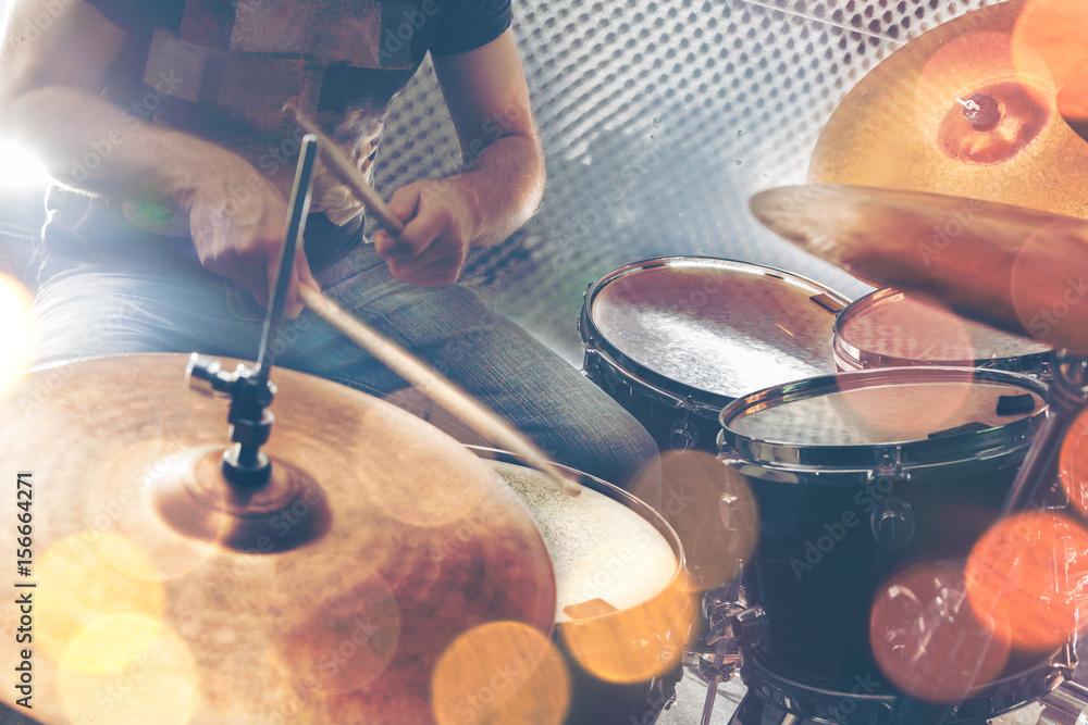 Fototapeta premium Music background.Drumkit on stage lights performance.Live music.Concert and band on stage.Festival and show background