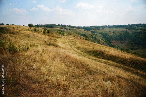 dry grass on the mountain with blue sky at doi monjong, photo