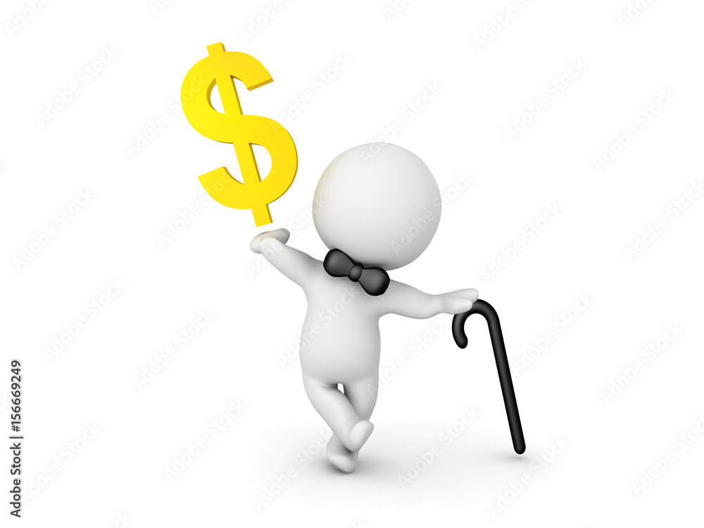 3D Character with black bow tie , leaning on cane and holding a dollar symbol 3D Character with black bow tie , leaning on cane and holding a dollar symbol