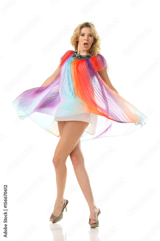young pretty emotional woman dancing on white background young pretty emotional woman dancing on white background
