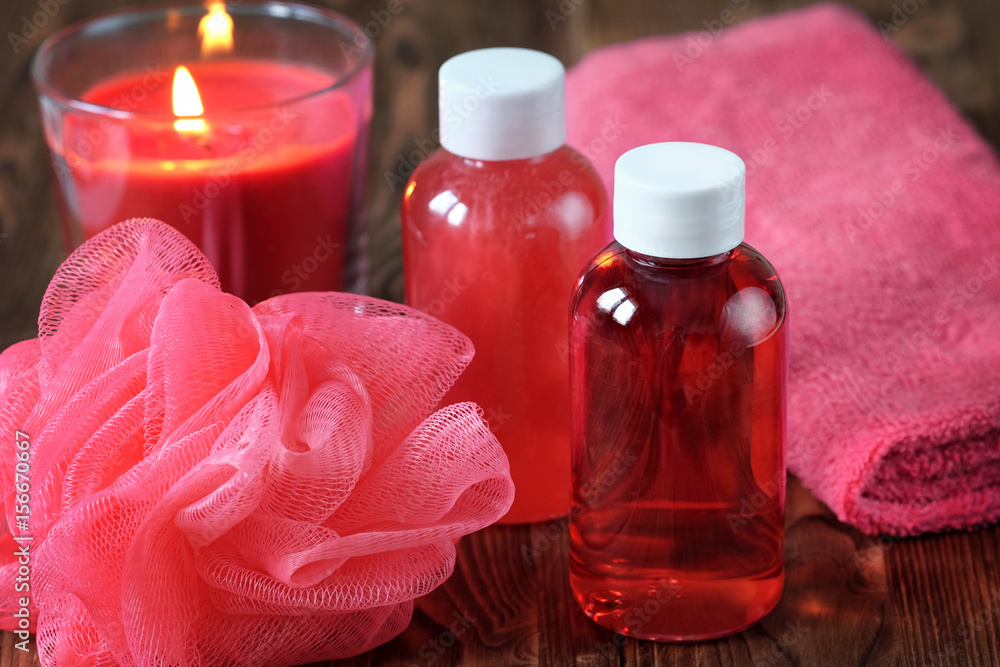 Shower gel, shampoo, washcloth, towel, scented candle. Red Shower gel, shampoo, washcloth, towel, scented candle. Red