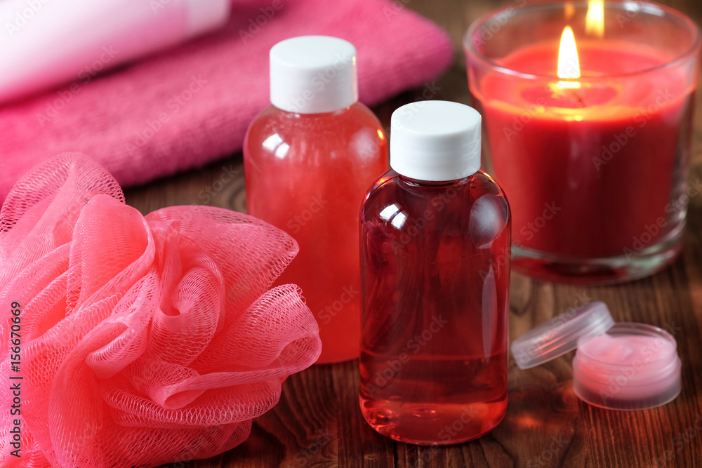 Shower gel, shampoo, washcloth, towel, scented candle. Red Shower gel, shampoo, washcloth, towel, scented candle. Red