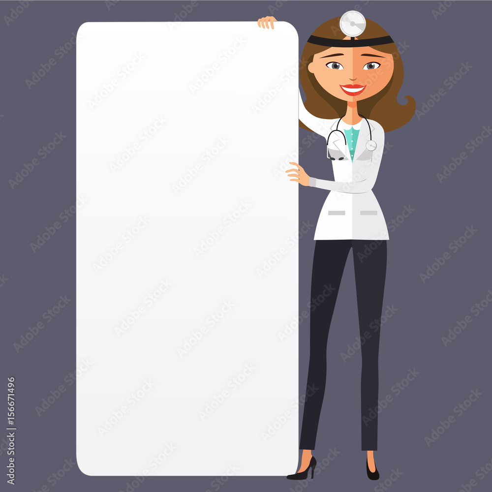 Woman doctor with a blank presentation flat cartoon vector illustration Woman doctor with a blank presentation flat cartoon vector illustration