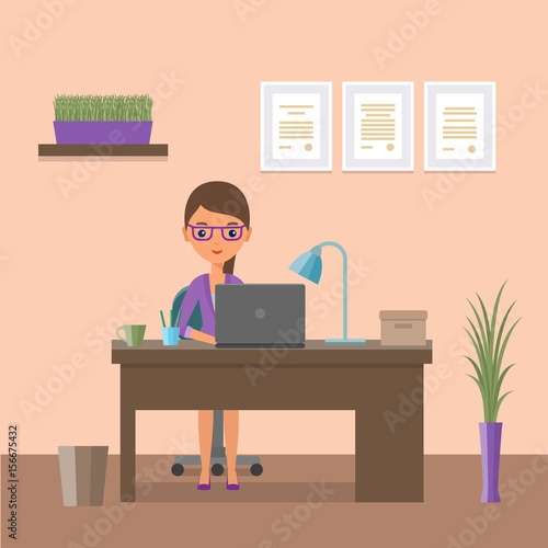 Business woman sitting at desk. Flat people icon. Design workspace or home workplace with cartoon animated female character. Office interior and furniture. Vector illustration.