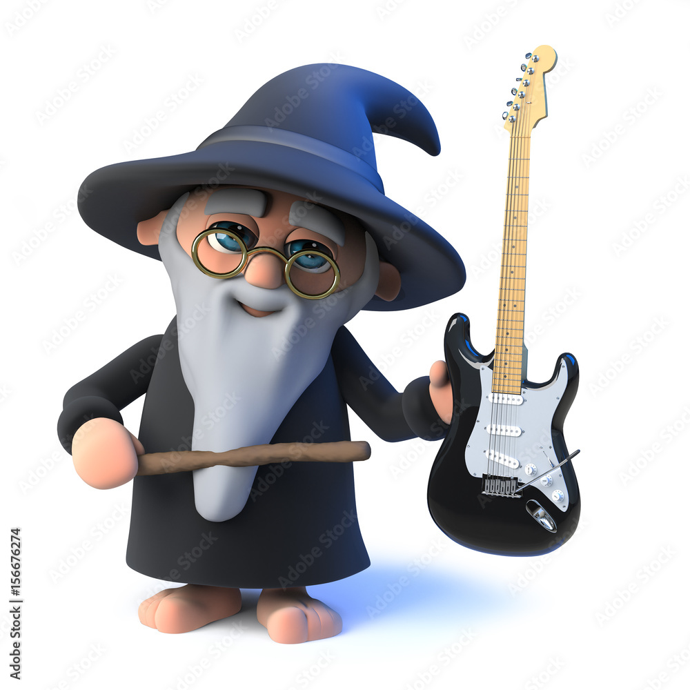 Obraz premium 3d Funny cartoon wizard magician character holds an electric guitar