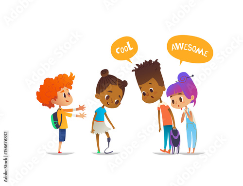 Smiling amputee girl demonstrates her new prosthetic leg to classmates, children are amazed and impressed. Concept of school friendship and inclusion. Vector illustration for banner, poster, website