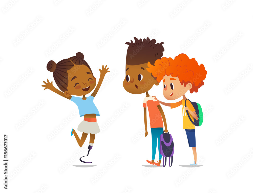 Cheerful amputee girl happily greet her school friends and shows them new artificial leg, two boys are surprised and happy. Welcome back concept. Vector illustration for website, social advertisement
