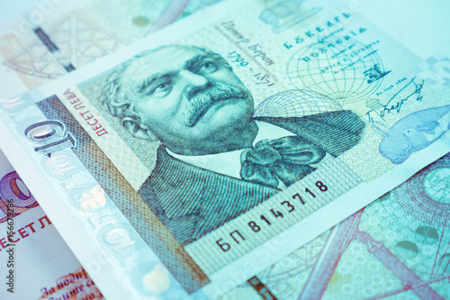 Photo depicts the Bulgarian currency banknote, BGN. Denomination, 10 leva, depicts a portraiture of Petar Beron, astronomer. Close up, macro view. photo