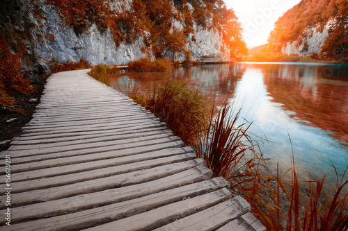 Wooden path across beautiful lake in sunny red autumn forest © Nickolay Khoroshkov