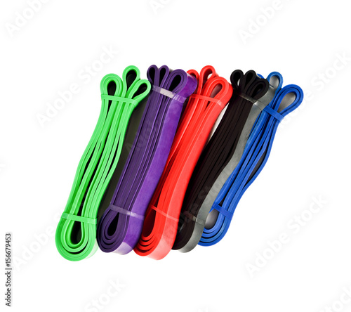 Set of different resistance bands for fitness isolated on white background