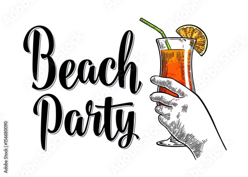 Alcohol cocktail. Sex on the beach. Vintage engraving with lettering.