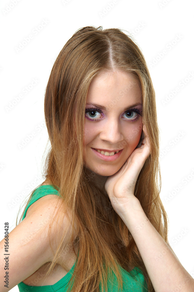 young smiling woman looking at you isolated on white background young smiling woman looking at you isolated on white background