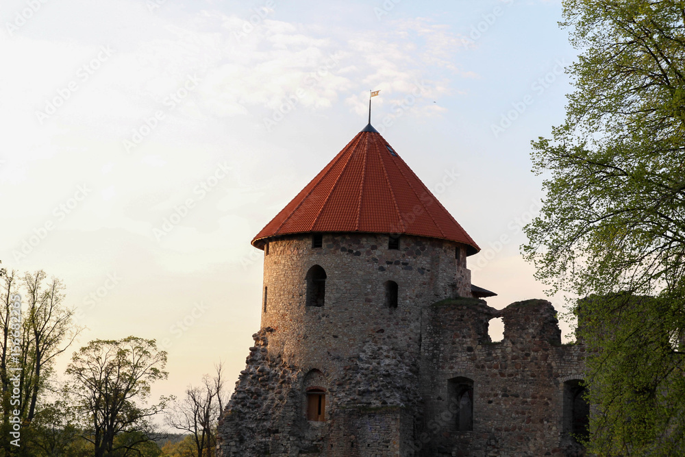 View of beautiful ruins of ancient Livonian castle in old town of Cesis, Latvia. Today Cesis is an important cultural and artistic centre. 