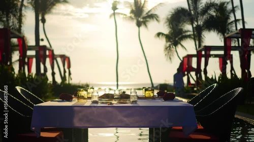 Beautiful restaurant on the beach. A romantic place for lovers. Sunset