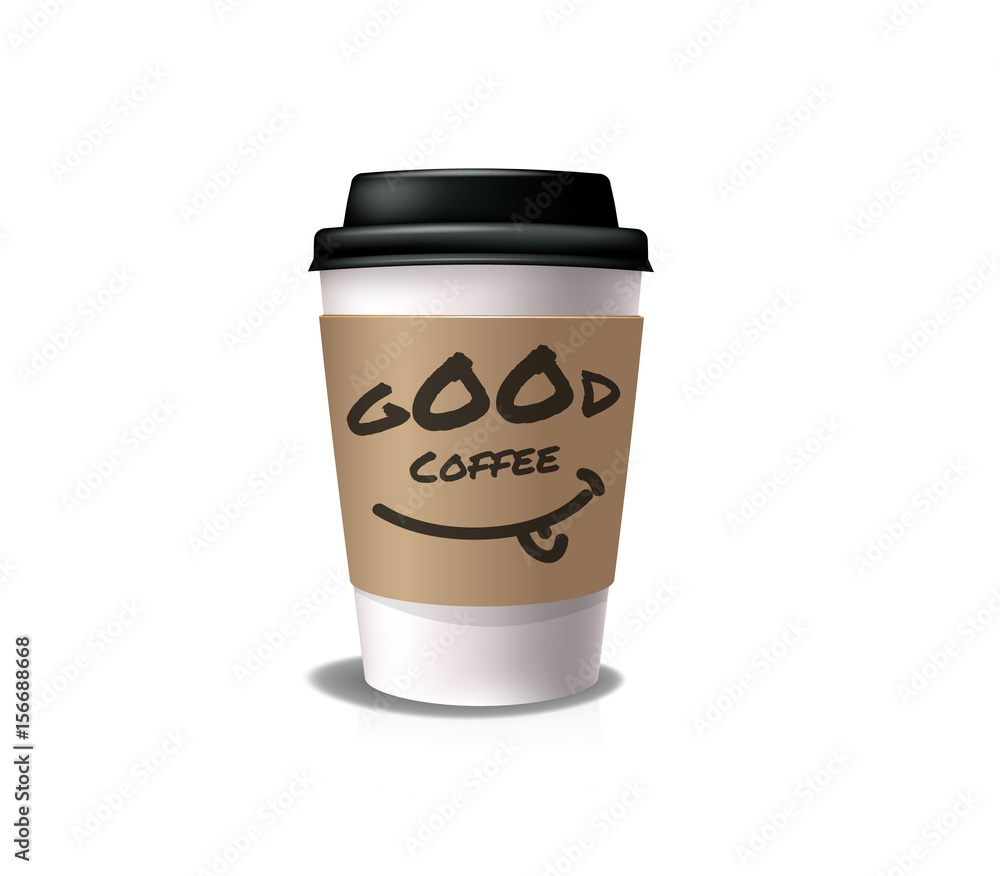 Good coffee for take-out. White paper cup with black cap and cup holder
Good coffee for take-out. White paper cup with black cap and cup holder
