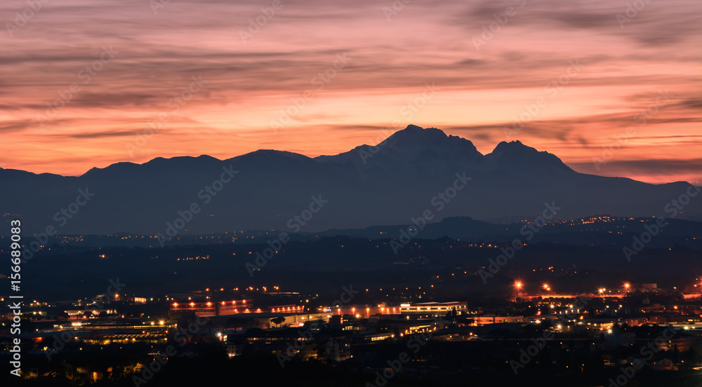 Silhouette of the Gran Sasso in Abruzzo at sunset resembling the profile of the Sleeping Beauty