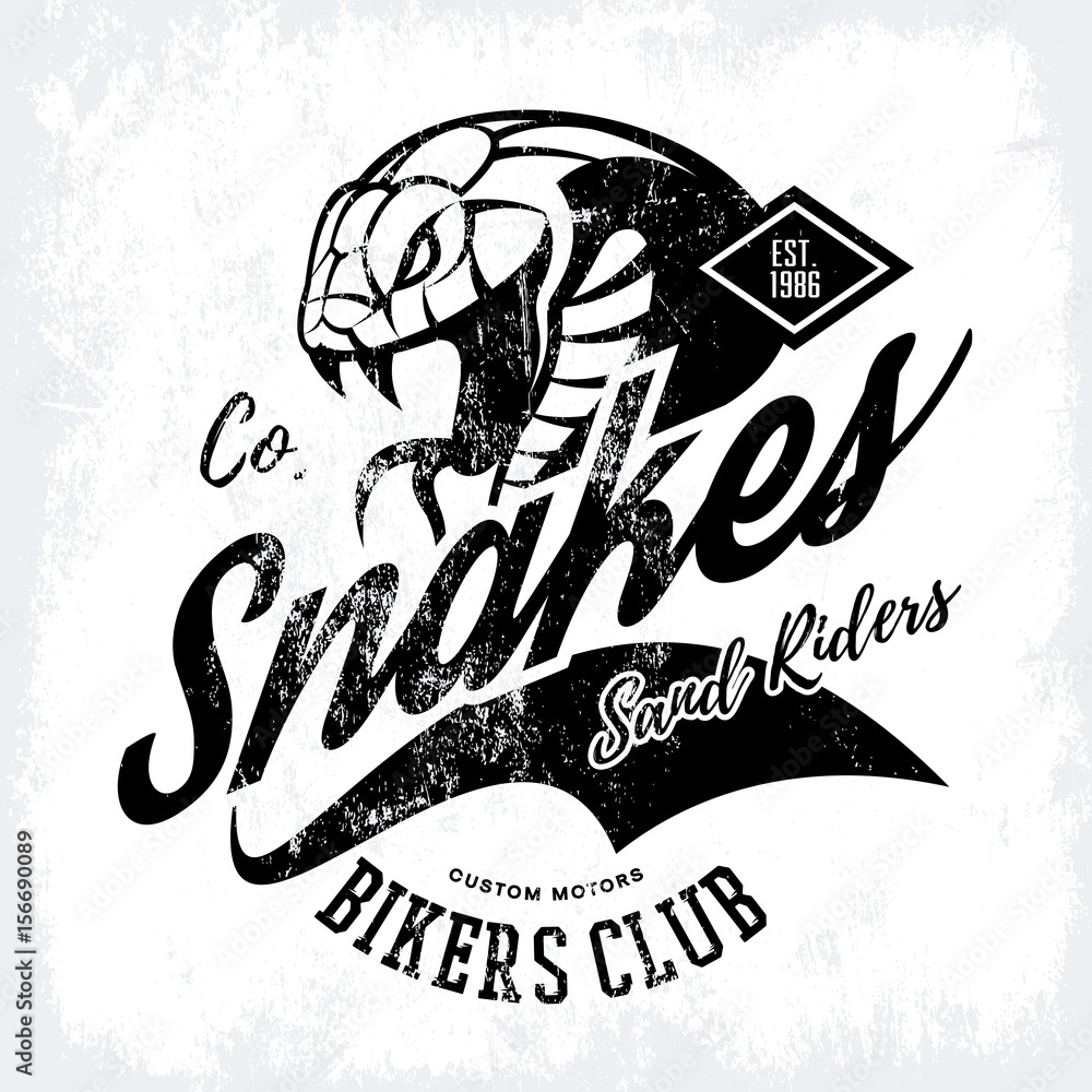 Obraz premium Vintage American furious green snake bikers club tee print vector design. Street wear mascot t-shirt emblem. Premium quality wild animal superior logo concept illustration.