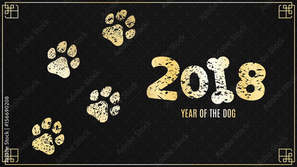 Obraz premium The year 2018 is a yellow earth dog. Golden traces in grunge style on a black background with a pattern. Chinese New Year. Vector illustration