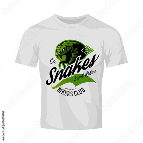 Vintage American furious green snake bikers club tee print vector design isolated on white t-shirt mockup.  Premium quality wild animal superior logo concept illustration.