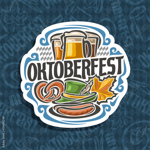 Vector logo for Oktoberfest on blue harlequin pattern: pilsner beer in 3 glass mug, lettering title - oktoberfest, pretzel, green hat for fest, oktober maple leaf, oktoberfest icon on rhomb background