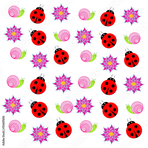 Spring background with flowers, ladybug and snails