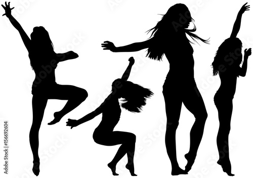 Silhouetted Dancing Young Woman in Various Poses - Set of Black Illustrations, Vector