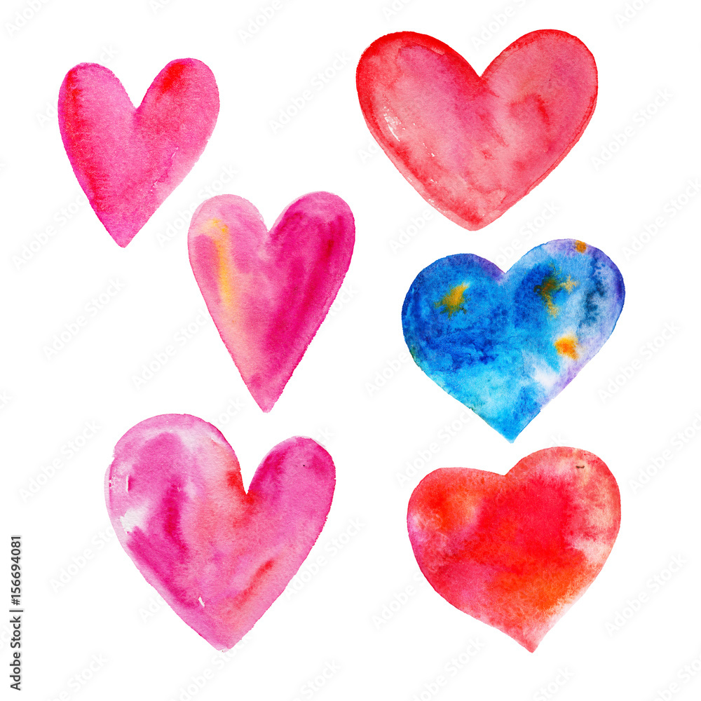 The color set of hearts for Valentines day isolated on white background, watercolor illustration in hand-drawn style.