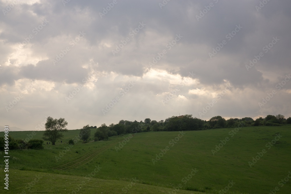 Sunset on meadow with hills and tree. Slovakia