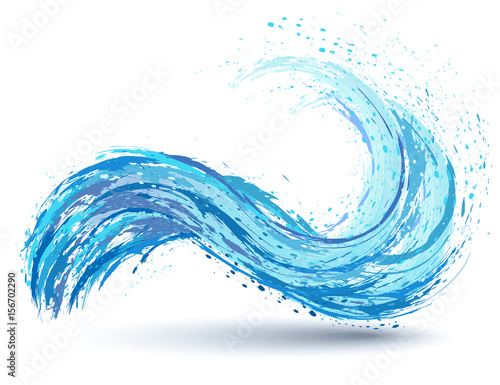 Sea and ocean waves, blue paint blot, splashes, drops