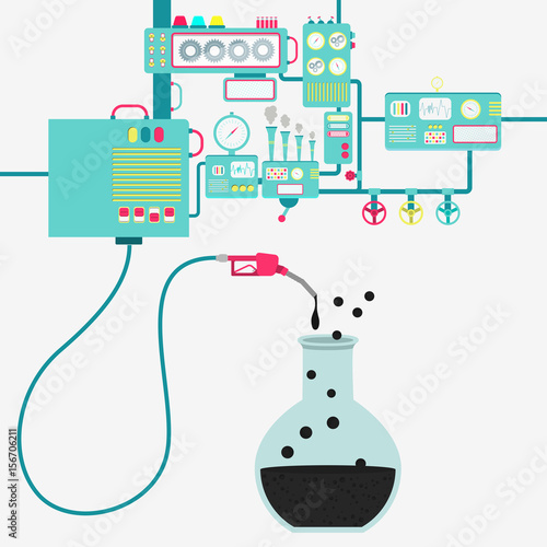 Machinery of factory refining oil and refueling a beaker. Tube with chemical experiment filled by a oil with gas pump.