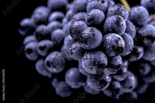 Valokuva Close-up, berries of dark bunch of grape  in low light isolated on black backgro
