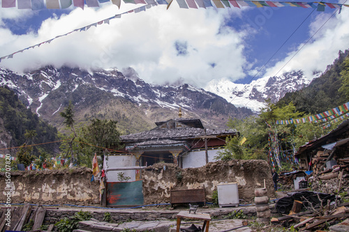 Meili snow Mountain also know as Kawa Karpo located in Yunnan Province, China decorated with colorful prayer flag photo