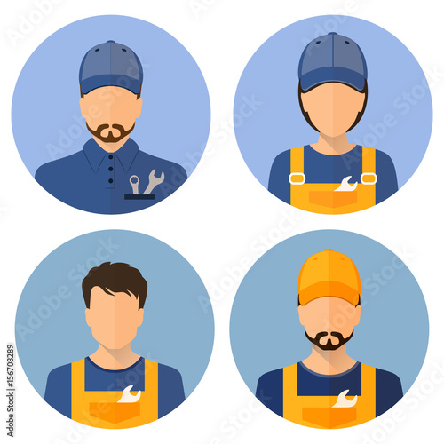 Set of avatars of the builders. Builders. Circle flat icons style. Male Builder. Woman Builder. Stock vector.