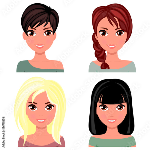 Woman beautiful face with different hairstyles. Cartoon beautiful girl in flat design style. Avatar business woman. Vector.
