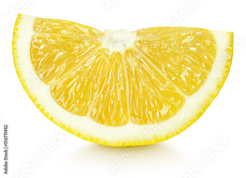 Ripe wedge of yellow lemon citrus fruit isolated on white background with clipping path