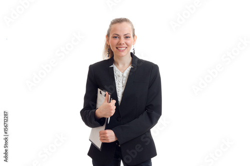 young business woman laughs, looks into the camera and holding a Tablet © ponomarencko
