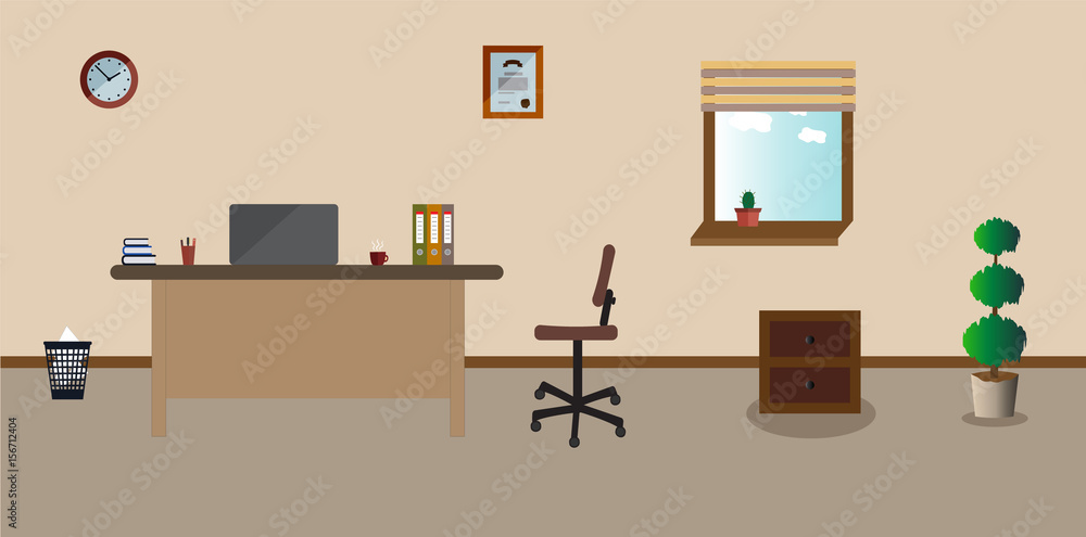 Working place in the office on the light pink background. Vector illustration. Table, clock, chair. plant. cactus. Perfect for advertising, brand sites and magazines Working place in the office on the light pink background. Vector illustration. Table, clock, chair. plant. cactus. Perfect for advertising, brand sites and magazines