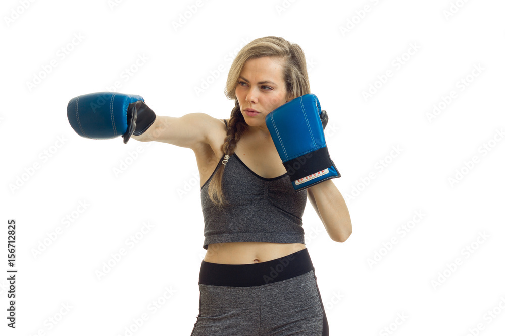 beautiful young girl with pigtail looks away and make hands gloved hands beautiful young girl with pigtail looks away and make hands gloved hands