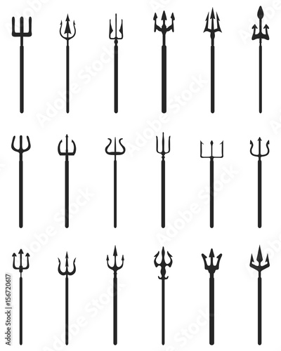 Set of trident, black silhouettes on a white background