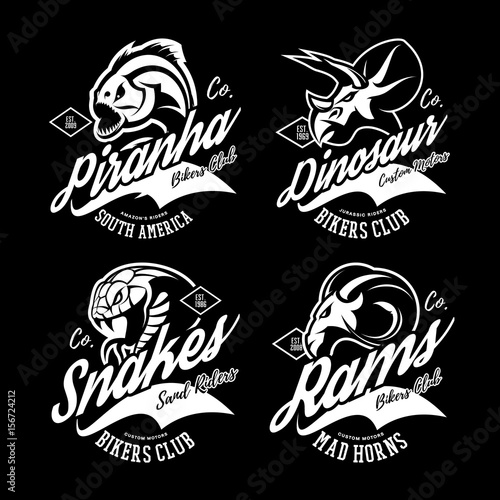 Vintage American furious piranha, dinosaur, snake, ram bikers gang club tee print vector design set. Premium quality wild animal superior logo concept illustration.