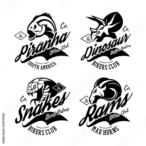 Vintage American furious piranha, dinosaur, snake, ram bikers gang club tee print vector design set. Premium quality wild animal superior logo concept illustration.