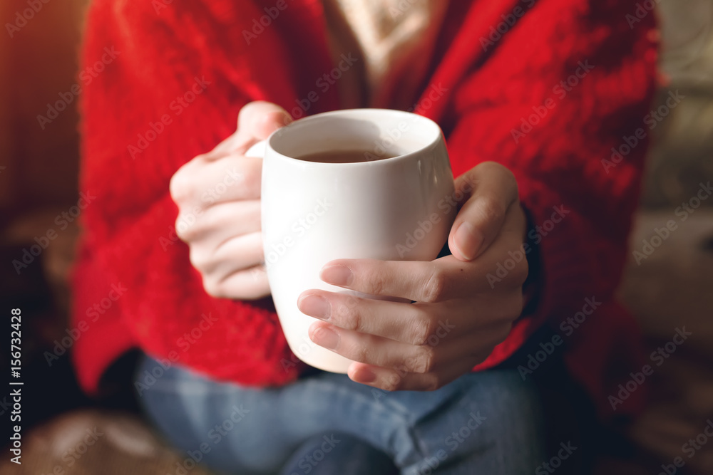 Closeup of female hands with a cup of beverage. Beautiful girl in red sweater holding cup of tea in the morning sunlight. Closeup of female hands with a cup of beverage. Beautiful girl in red sweater holding cup of tea in the morning sunlight.