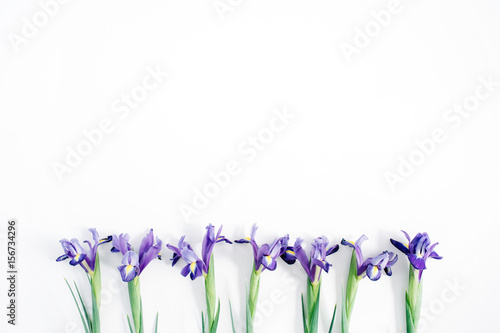 Fototapeta Naklejka Na Ścianę i Meble -  Beautiful purple iris flowers on white background. Flat lay, top view.