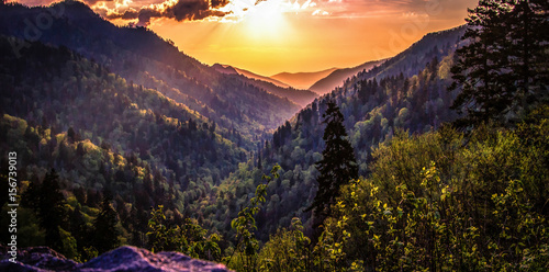 Great Smoky Mountain Sunset Landscape Panorama. Sunset horizon over the Great Smoky Mountains from Morton overlook on the Newfound Gap Road in Gatlinburg, Tennessee.  photo